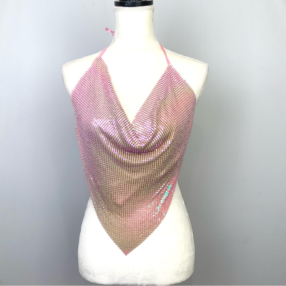 Pink Iridescent Metal Mesh Chainmail Open Back Handkerchief Halter Top Y2K 90s